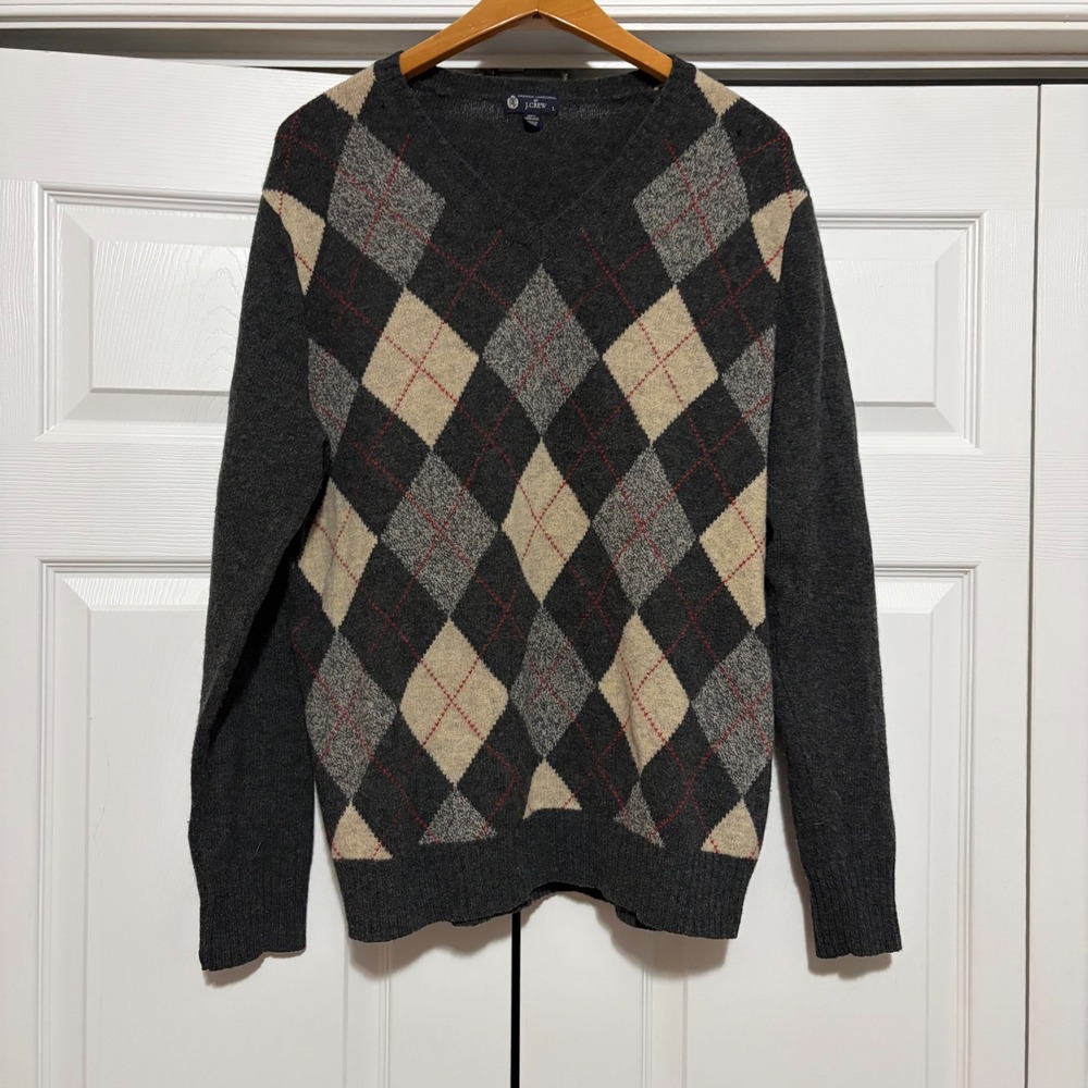 J.Crew Argyle Lambswool V-Neck Sweater Mens L Grey Preppy Fall Coast Black